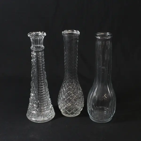 Lot of 3 Tall Clear Glass Vases, Assorted Designs, 9" Tall