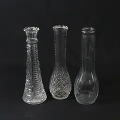 Lot of 3 Tall Clear Glass Vases, Assorted Designs, 9" Tall
