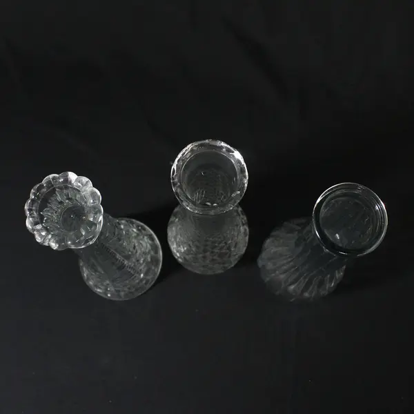 Lot of 3 Tall Clear Glass Vases, Assorted Designs, 9" Tall