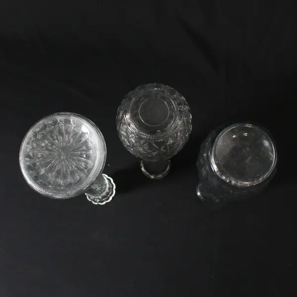 Lot of 3 Tall Clear Glass Vases, Assorted Designs, 9" Tall