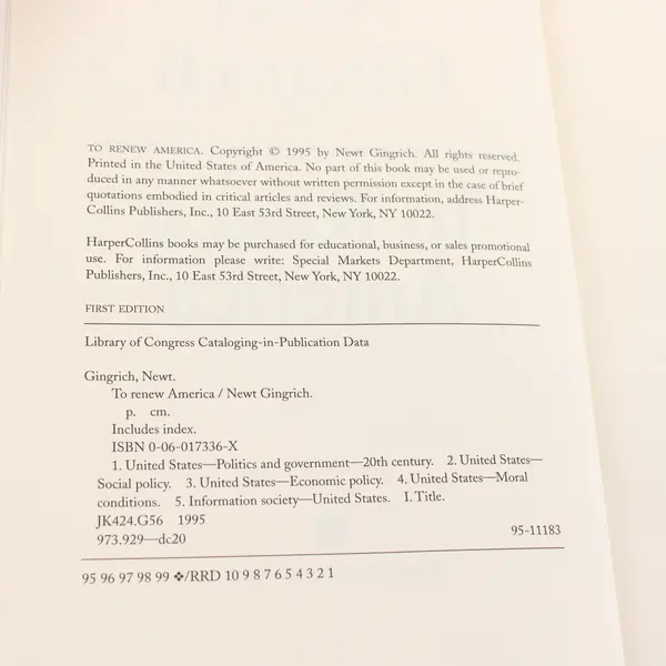 To Renew America by Newt Gingrich First Edition 1995 Hardcover Dust Jacket