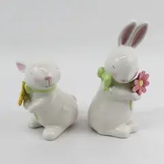 Set of 2 Grasslands Road White Ceramic Rabbit Figurines Holding Flowers