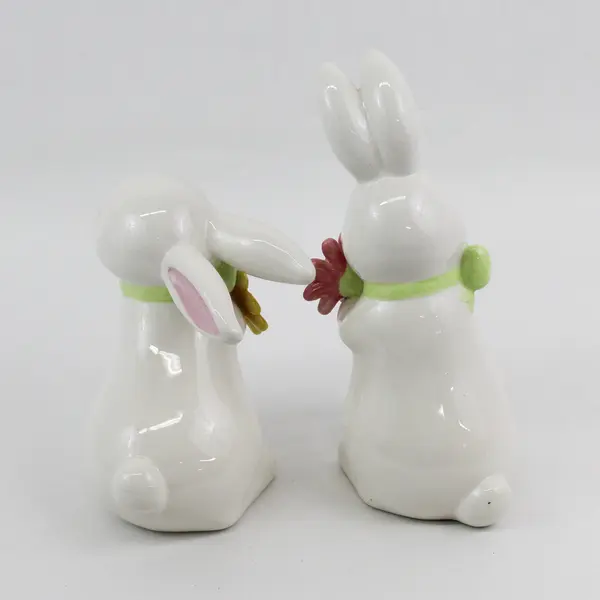 Set of 2 Grasslands Road White Ceramic Rabbit Figurines Holding Flowers