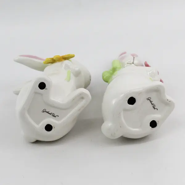 Set of 2 Grasslands Road White Ceramic Rabbit Figurines Holding Flowers