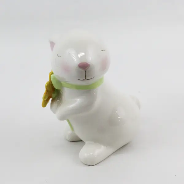 Set of 2 Grasslands Road White Ceramic Rabbit Figurines Holding Flowers