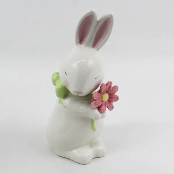 Set of 2 Grasslands Road White Ceramic Rabbit Figurines Holding Flowers