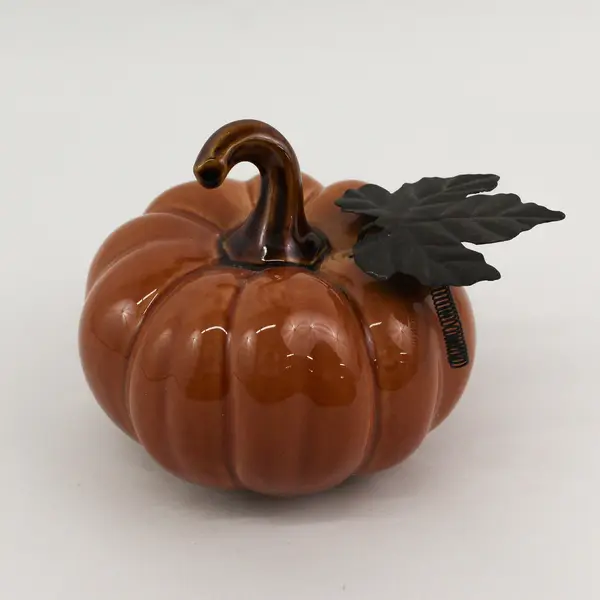 Harvest Burnt Orange Ceramic Pumpkin With Metal Leaf