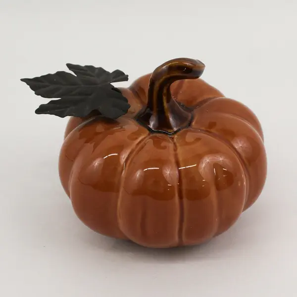 Harvest Burnt Orange Ceramic Pumpkin With Metal Leaf