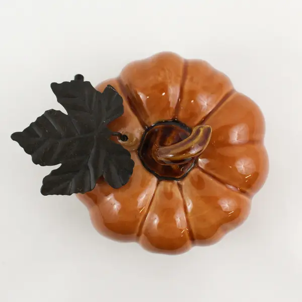 Harvest Burnt Orange Ceramic Pumpkin With Metal Leaf