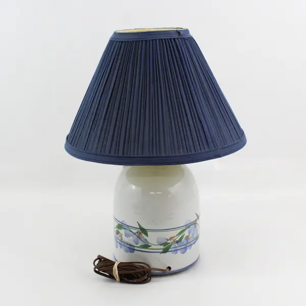 Pottery Jug Table Lamp Gray W/ Blue Flowers Blue Shade 18"