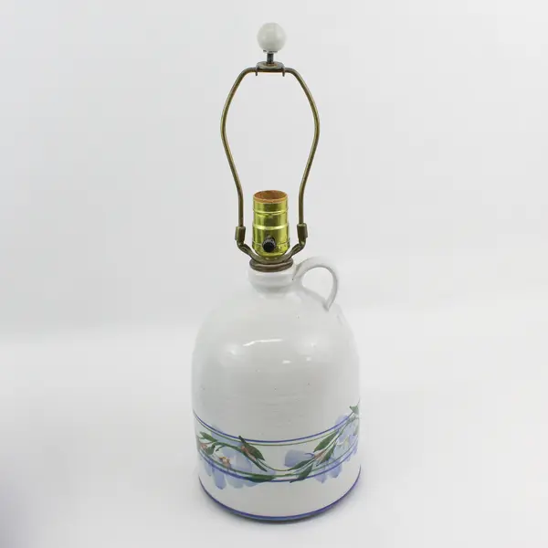 Pottery Jug Table Lamp Gray W/ Blue Flowers Blue Shade 18"