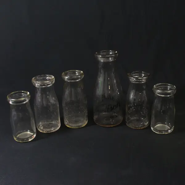Lot of 6 Vintage Round Dairy Glass Milk Or Cream Bottles 