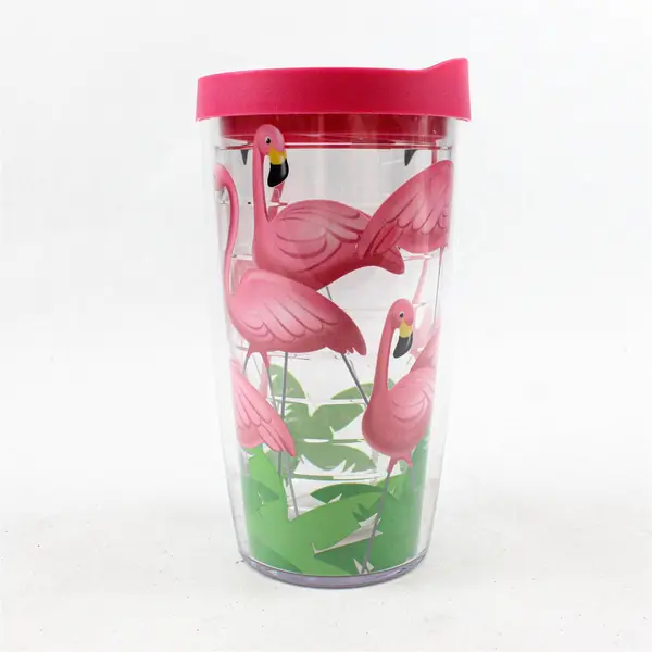 Tervis Flamingo Printed Clear Plastic Tumbler W/ Matching Pink Lid 16 Oz 6.75"
