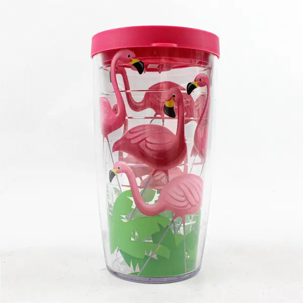 Tervis Flamingo Printed Clear Plastic Tumbler W/ Matching Pink Lid 16 Oz 6.75"