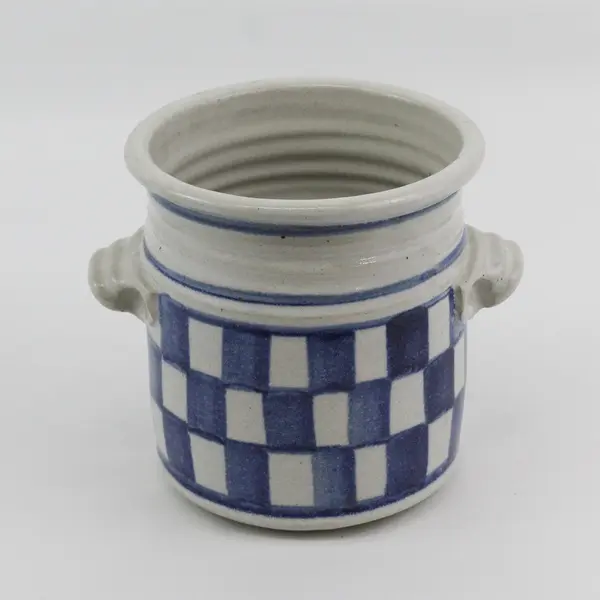 Salt Glaze Small Stoneware Crock Cobalt Blue Checkerboard Pattern, 6" Tall 