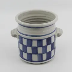 Salt Glaze Small Stoneware Crock Cobalt Blue Checkerboard Pattern, 6" Tall 
