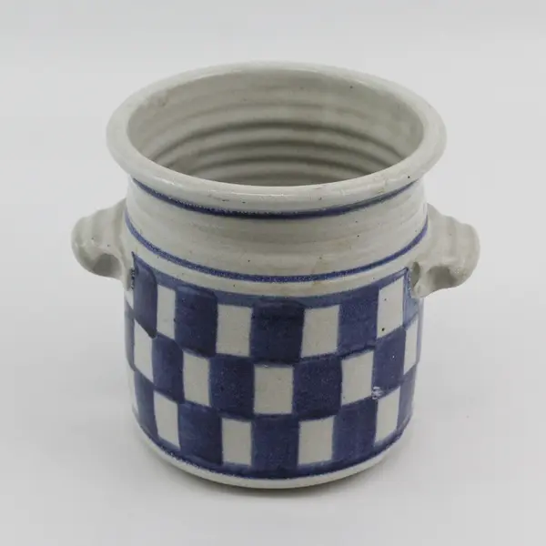 Salt Glaze Small Stoneware Crock Cobalt Blue Checkerboard Pattern, 6" Tall 