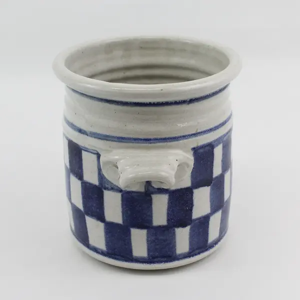 Salt Glaze Small Stoneware Crock Cobalt Blue Checkerboard Pattern, 6" Tall 