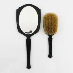 Vintage Vanity Black Celluloid or Bakelite Hand Mirror And Hair Brush Black 