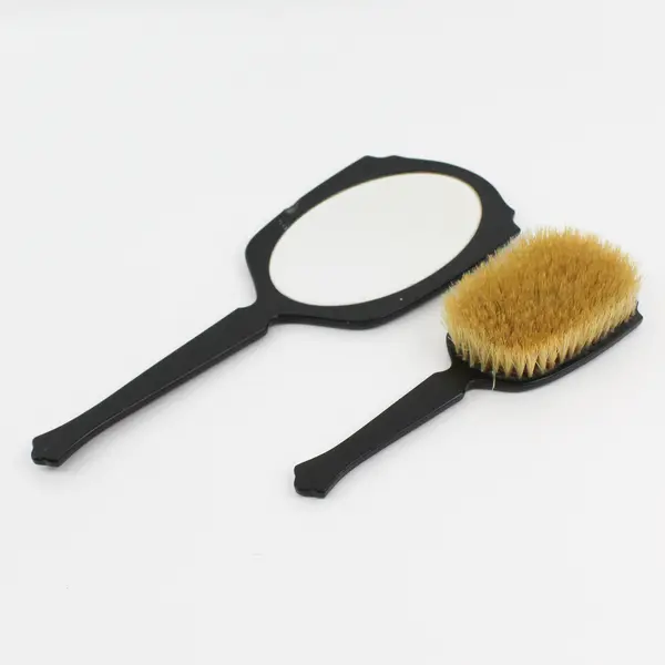 Vintage Vanity Black Celluloid or Bakelite Hand Mirror And Hair Brush Black 