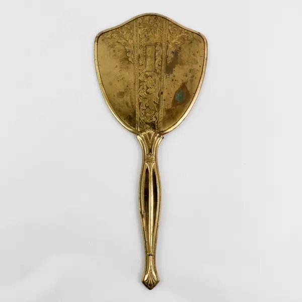 Vintage Art Deco Brass Handheld Vanity Mirror Flower And Vine Pattern