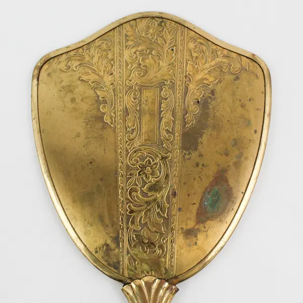 Vintage Art Deco Brass Handheld Vanity Mirror Flower And Vine Pattern