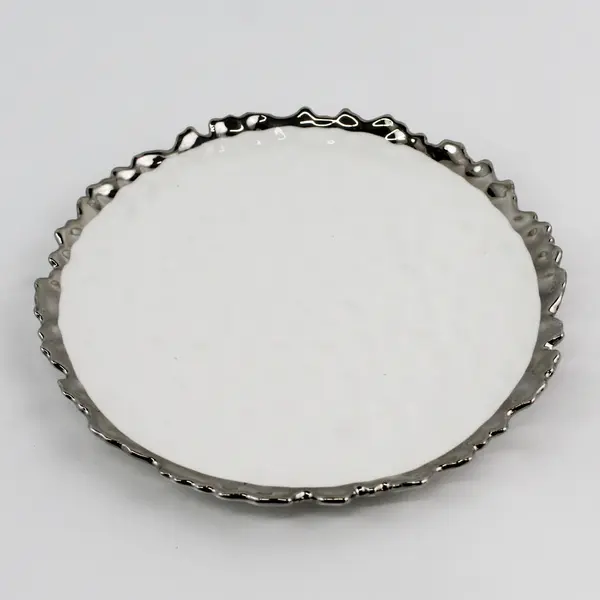 Luna Park White Embossed Round Plate Silver Rim Dishwasher Safe 8"