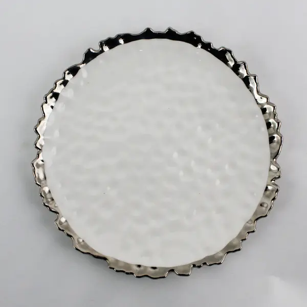 Luna Park White Embossed Round Plate Silver Rim Dishwasher Safe 8"