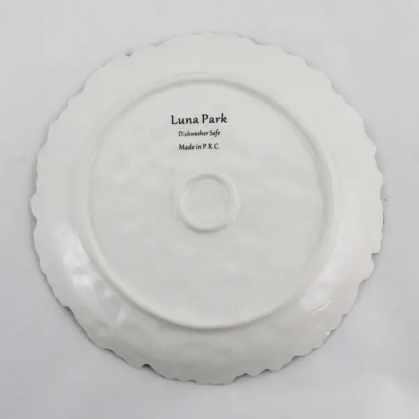 Luna Park White Embossed Round Plate Silver Rim Dishwasher Safe 8"