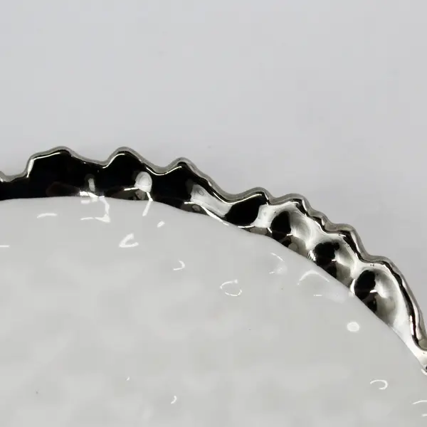 Luna Park White Embossed Round Plate Silver Rim Dishwasher Safe 8"