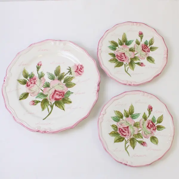 Lot of 3 Love Plates - 1 Dinner & 2 Salad/Dessert Plates White  with Pink Roses