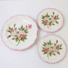 Lot of 3 Love Plates - 1 Dinner & 2 Salad/Dessert Plates White  with Pink Roses