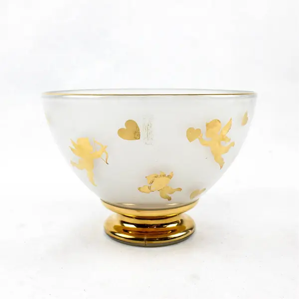 Vtg Teleflora Frosted Glass Pedestal Cupid Bowl Gold Trim & Base 6.5”W