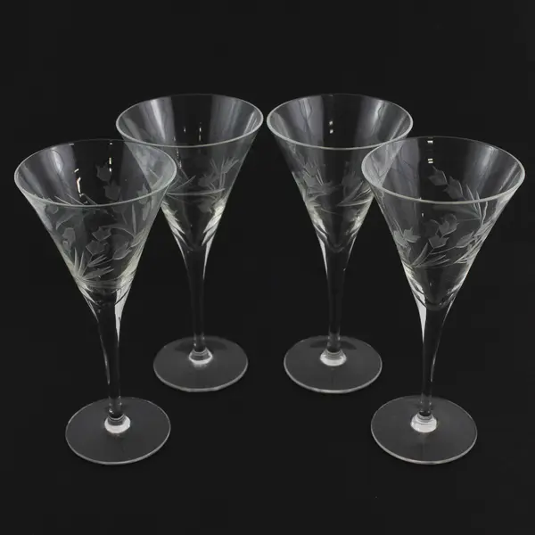 4 Tapered Sided Long Stemmed Champagne or Cocktail Glasses Etched Floral Pattern