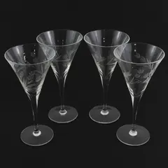 4 Tapered Sided Long Stemmed Champagne or Cocktail Glasses Etched Floral Pattern