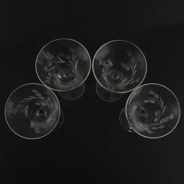 4 Tapered Sided Long Stemmed Champagne or Cocktail Glasses Etched Floral Pattern