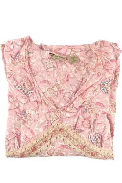 Quizz Woman Bazaar Pink Paisley Chiffon Blouse Women's Size 24 Boho Sequin