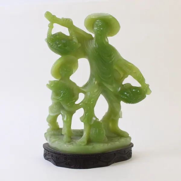 Vintage Gino Ruggeri Green Resin Carved Peasant Fisherman Asian Figure