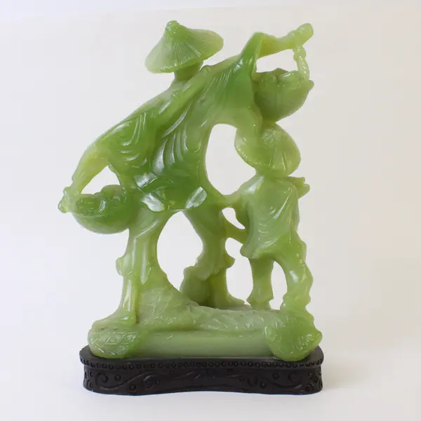 Vintage Gino Ruggeri Green Resin Carved Peasant Fisherman Asian Figure
