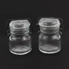  2 Vtg Clear Glass Half Pint Narrow Mouth Canning Jars With Wire Bail Glass Lids