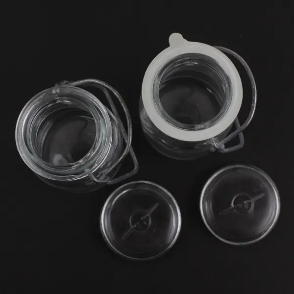  2 Vtg Clear Glass Half Pint Narrow Mouth Canning Jars With Wire Bail Glass Lids
