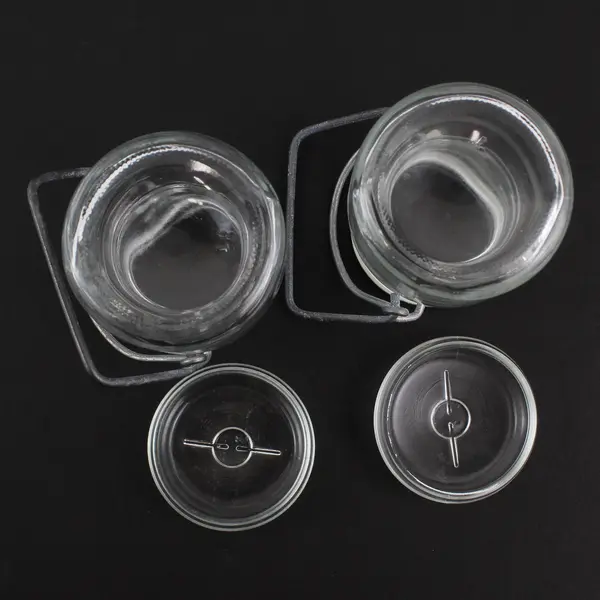  2 Vtg Clear Glass Half Pint Narrow Mouth Canning Jars With Wire Bail Glass Lids