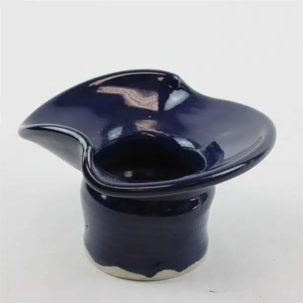Cobalt Blue Ruffled Edge Flower Frog Bowl Vintage Glazed Pottery