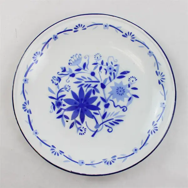 Vintage Blue & White Enamelware Plate 10.5in Rustic Collectible