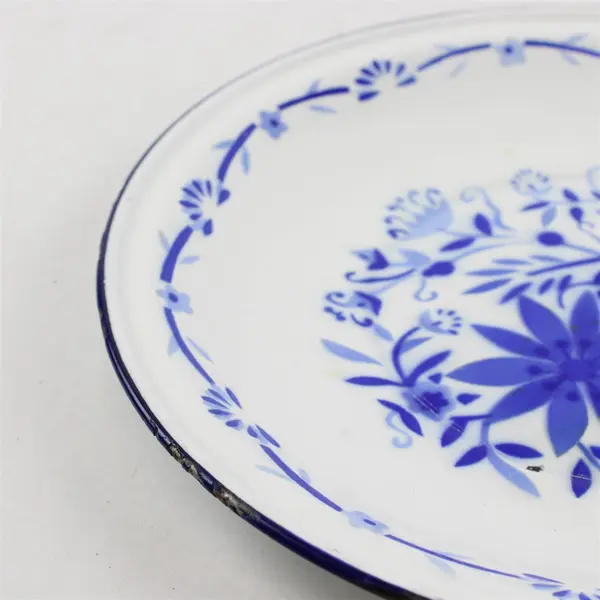 Vintage Blue & White Enamelware Plate 10.5in Rustic Collectible