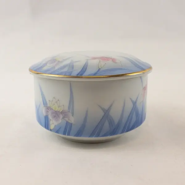 Vintage Otagiri Japan Hand-Painted Porcelain Trinket Box Iris Floral Gold Trim