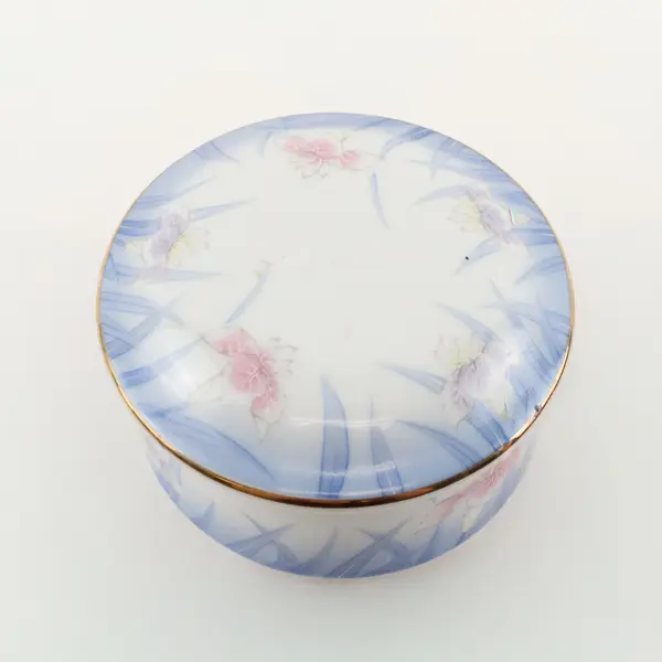 Vintage Otagiri Japan Hand-Painted Porcelain Trinket Box Iris Floral Gold Trim