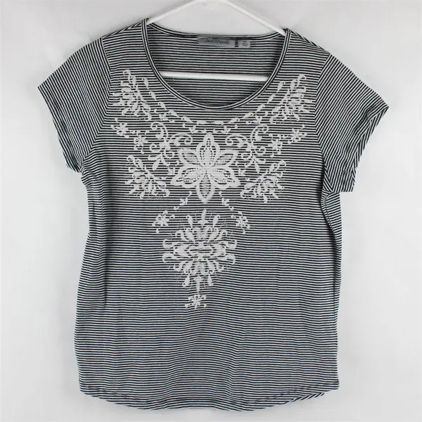 Jason Maxwell Black and White Striped Floral Graphic T-Shirt Women's Medium