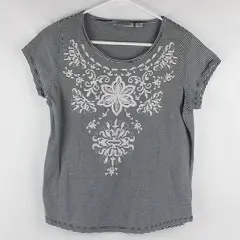 Jason Maxwell Black and White Striped Floral Graphic T-Shirt Women's Medium