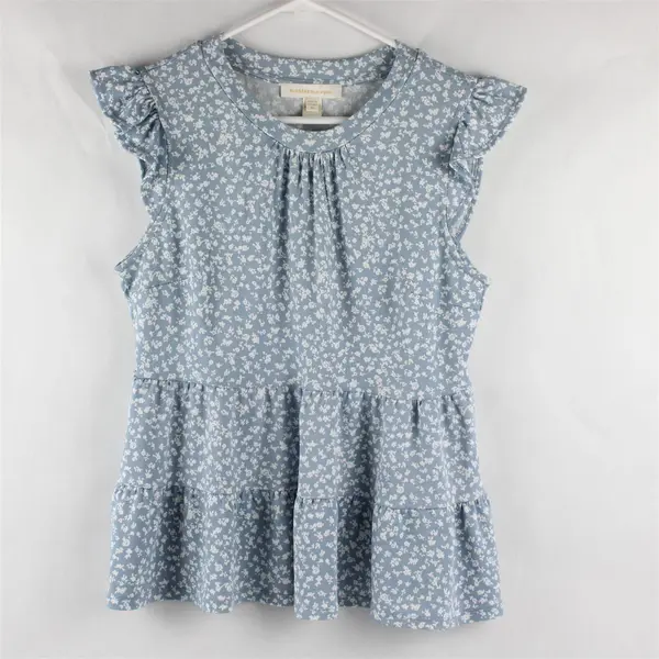Monteau Light Blue and White Floral Pattern Tiered Blouse Women's Medium